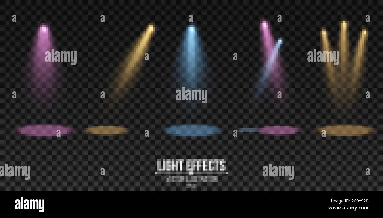 Spots multicolores isolés sur un fond transparent foncé. Un ensemble d'effets de lumière. Éléments pour le spectacle et la scène. Illustration vectorielle. SPE 10. Illustration de Vecteur