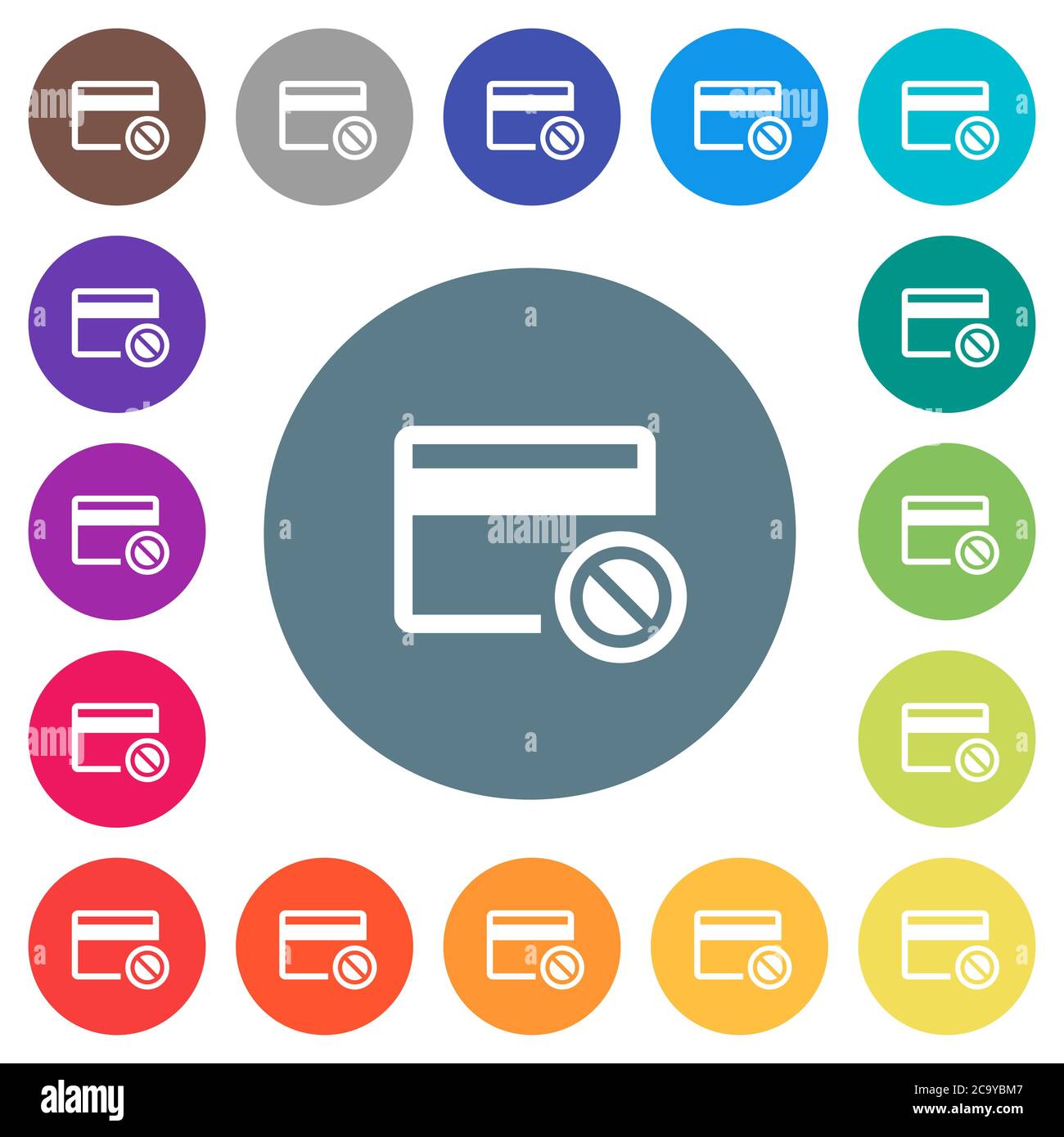 Carte de crédit désactivée icônes blanches plates sur les arrière-plans de couleur ronde. 17 couleurs d'arrière-plan sont incluses. Illustration de Vecteur
