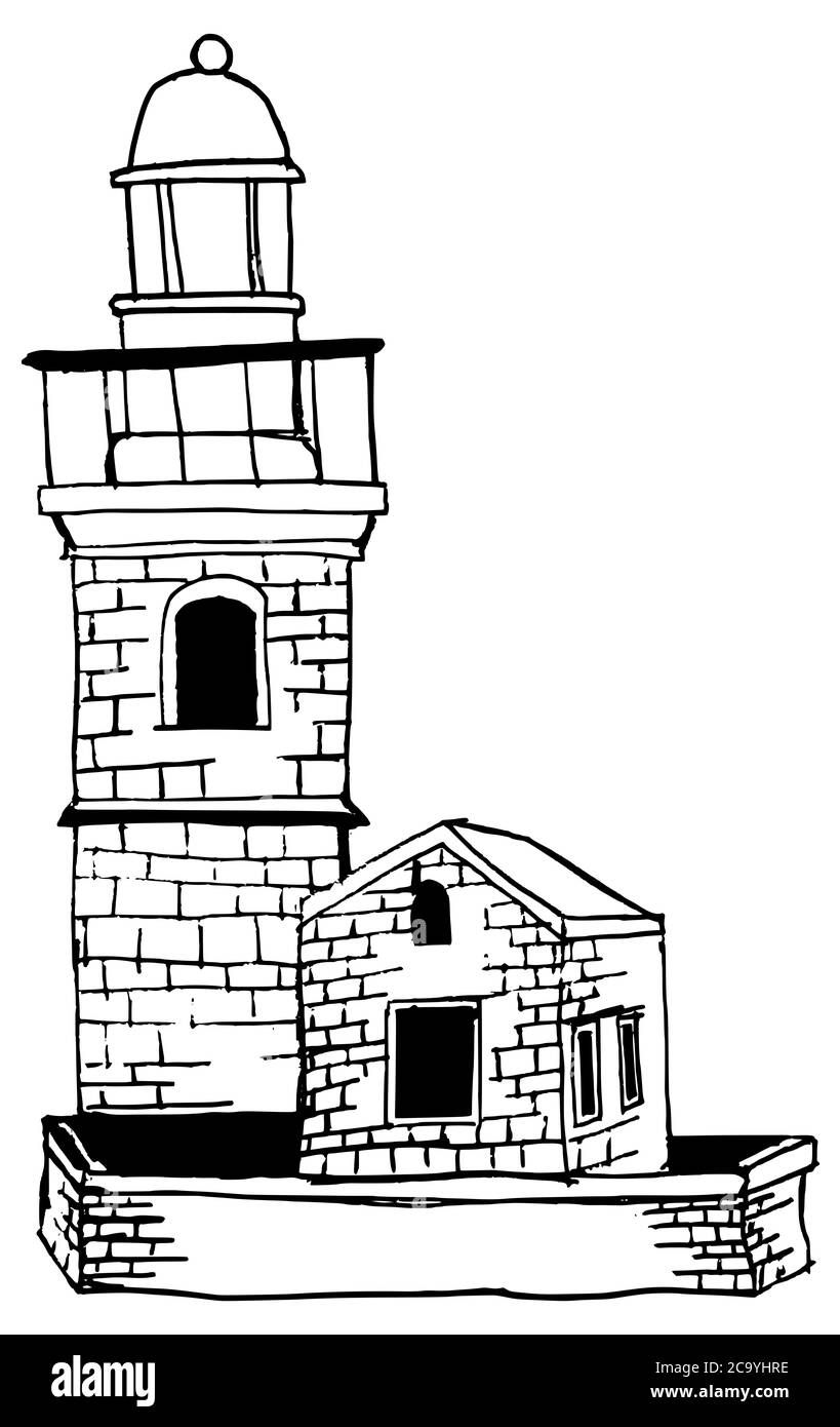 Caricature de phare classique de type ancien sur la côte de la mer Adriatique Banque D'Images