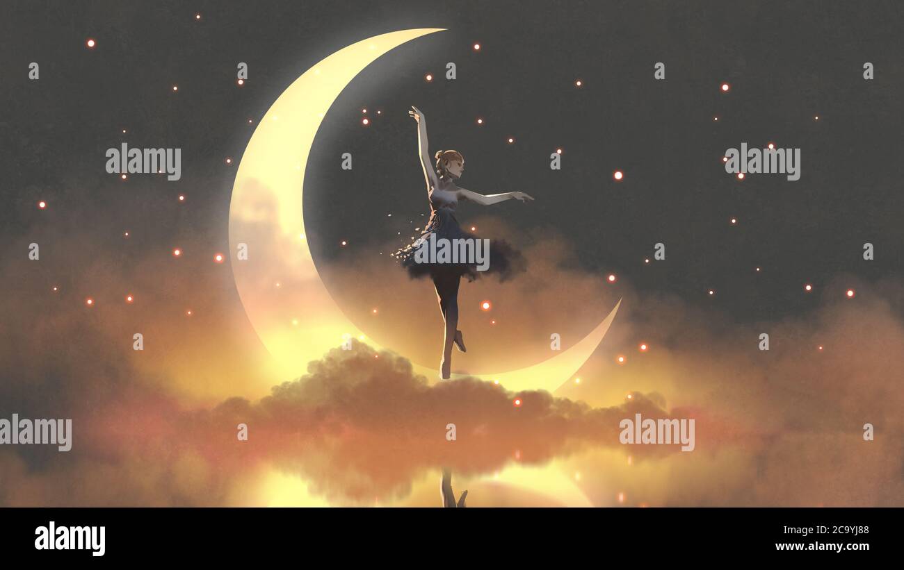 une ballerine dansant avec des lucioles contre le croissant de lune, style d'art numérique, peinture d'illustration Banque D'Images