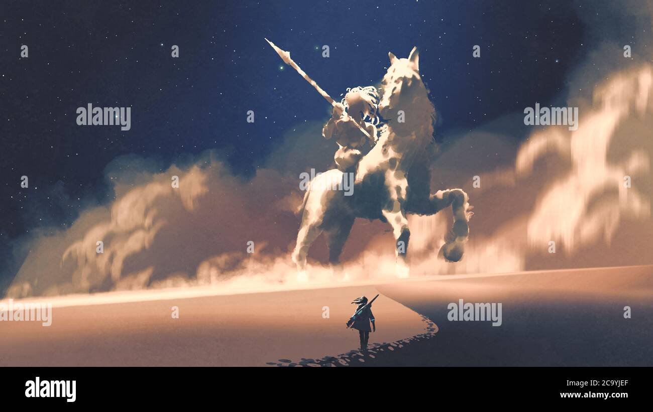 une femme marchant dans un désert jusqu'à la tempête géante en forme de fer de cheval, style d'art numérique, peinture d'illustration Banque D'Images