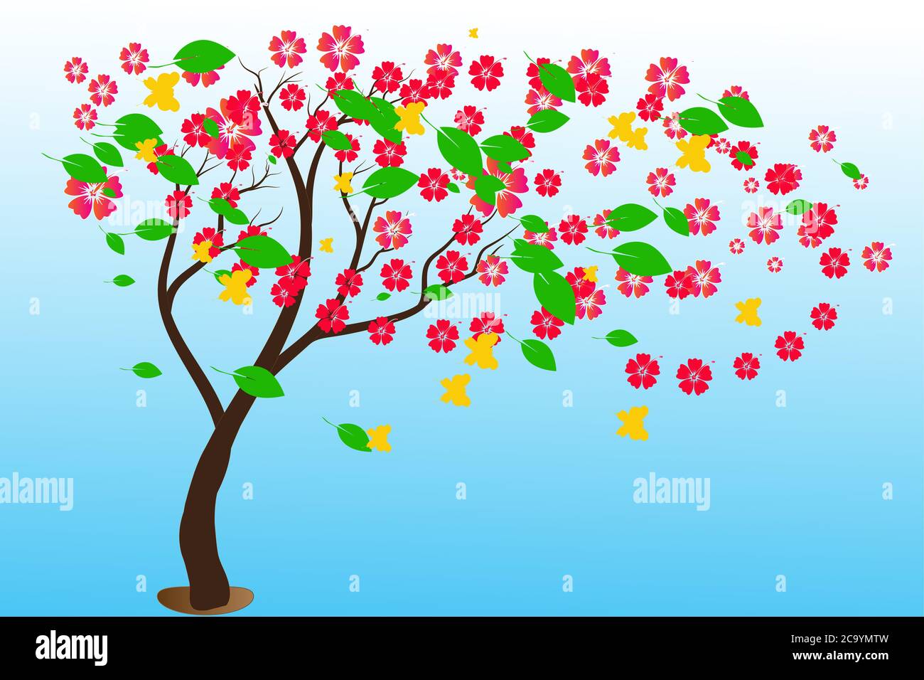 arbre fleurs illustration fond bleu Banque D'Images