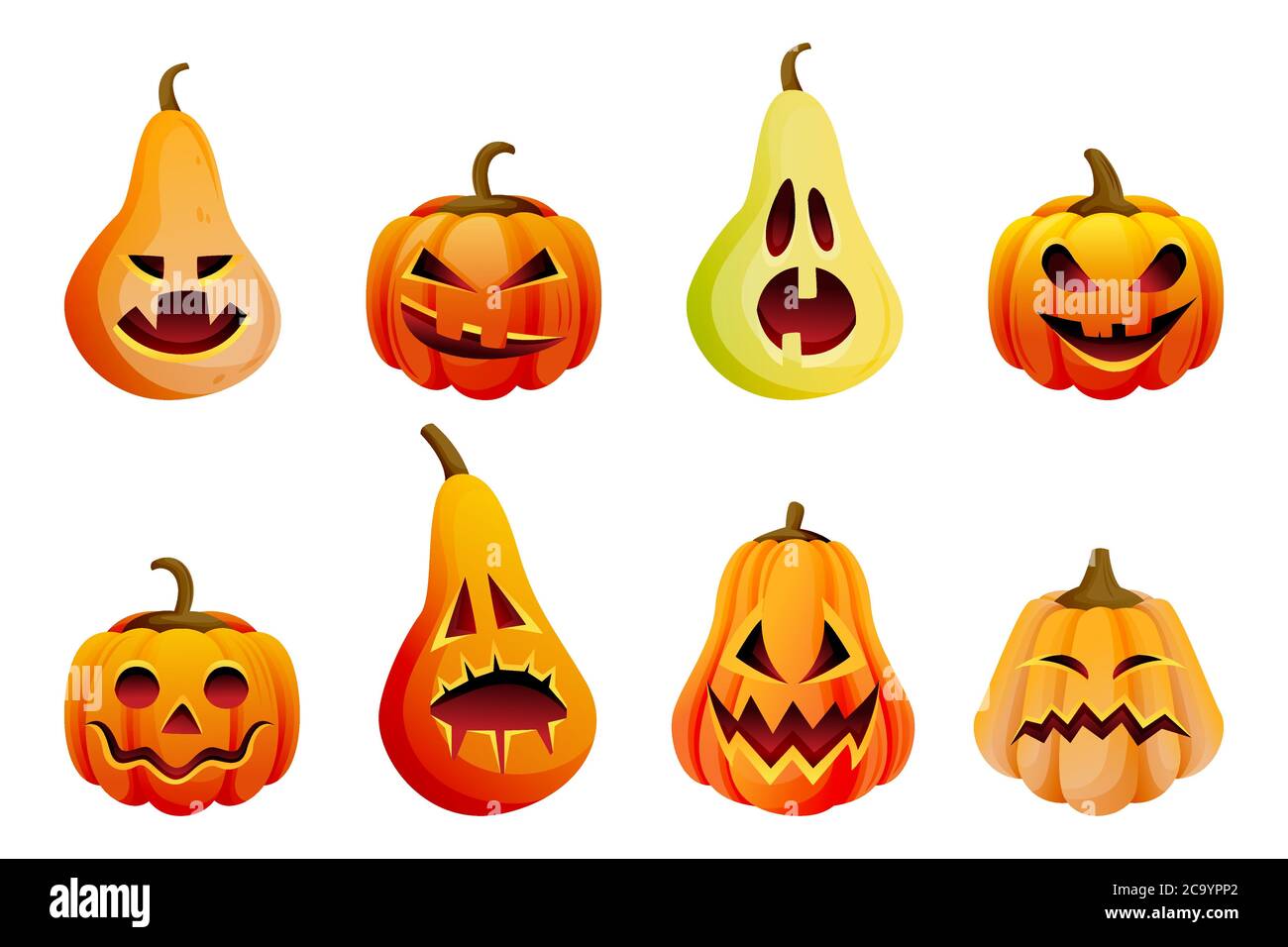 Ensemble d'icônes de citrouilles effrayantes pour Halloween. Illustration de dessin animé à plan vectoriel. Jack o lanternes d'horreur fait face à l'expression. Octobre vacances d'automne drôle d Illustration de Vecteur
