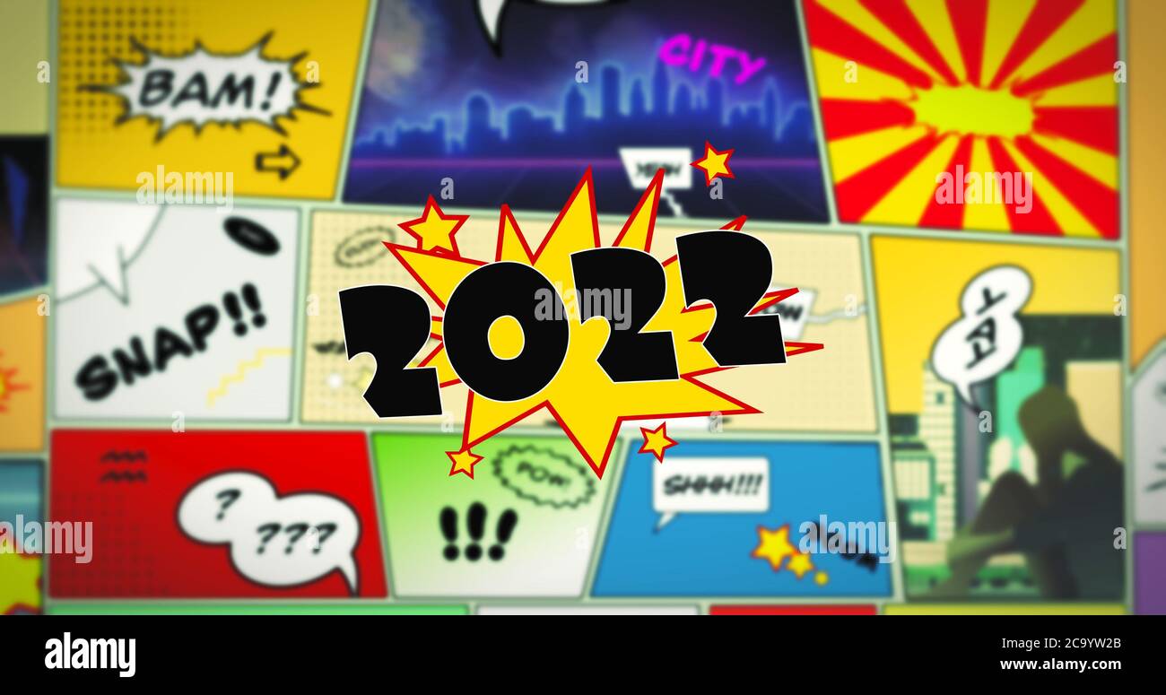 2020 texte de bulle de discours au premier plan de la bande dessinée colorée bande Banque D'Images