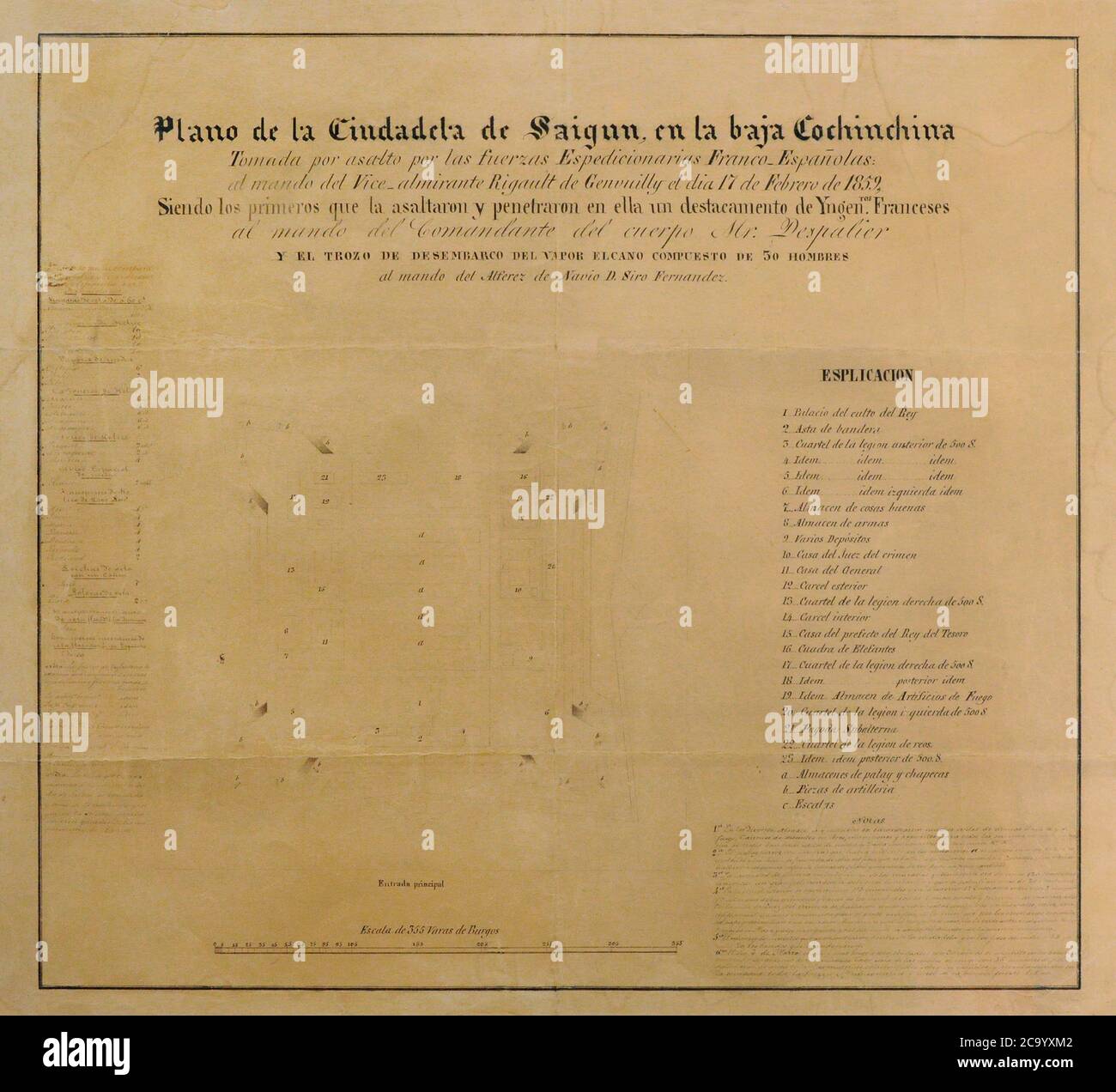 Carte de la forteresse de Saigon. Dessiné par le second lieutenant de la Marine espagnole Siro Fernandez, 1859. Il montre toutes les forces françaises, espagnoles et Philippines qui ont participé à la campagne pour la défense des catholiques du pays. Indiqué en utilisant un 'C' sur la carte, l'endroit où Siro Fernandez a pris d'assaut la forteresse le 17 février 1859. Musée naval. Madrid. Espagne. Banque D'Images