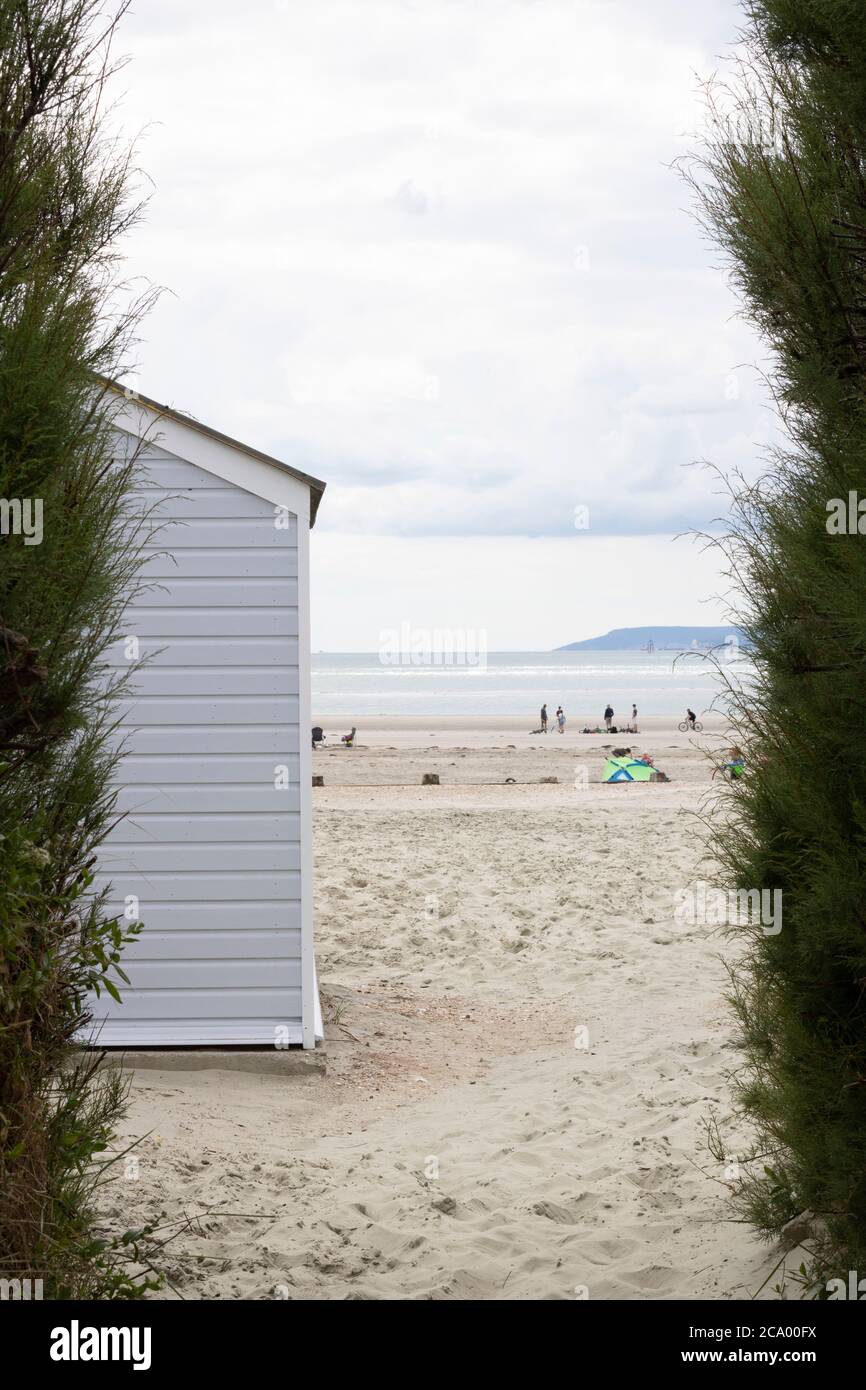 West Wittering Beach huttes avec vue sur la mer, Chichester, Royaume-Uni Banque D'Images