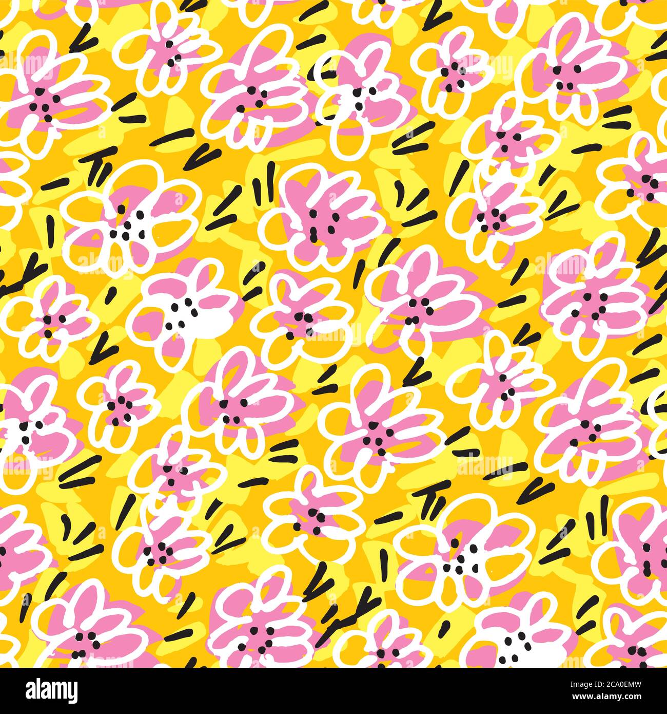 Motif floral jaune vif d'ambiance positive sans couture pour le fond, le tissu, le textile, l'enveloppe, la surface, le Web et l'imprimé. Fleurs naïves dessinées à la main. Illustration de Vecteur