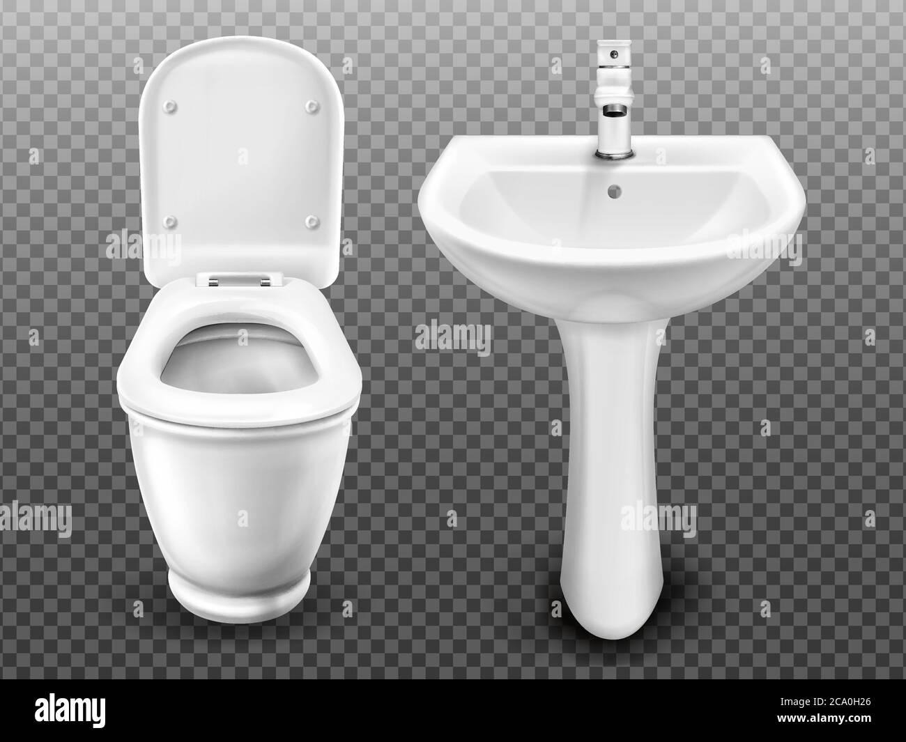 Lavabo et cuvette blancs pour la salle de bains, WC ou toilettes modernes. Lavabo en céramique Vector réaliste avec robinet et lavabo avec réservoir de rinçage et couvercle de siège ouvert isolé sur fond transparent Illustration de Vecteur