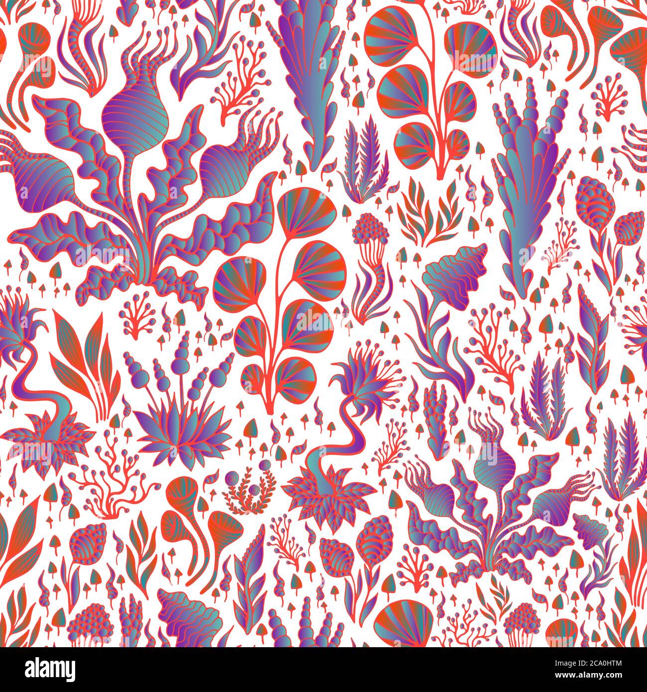 Vintage brillant abstrait plantes psychédéliques sans couture motif, vive dégradé violet couleur bleu, contour rouge, isolé sur fond blanc Illustration de Vecteur