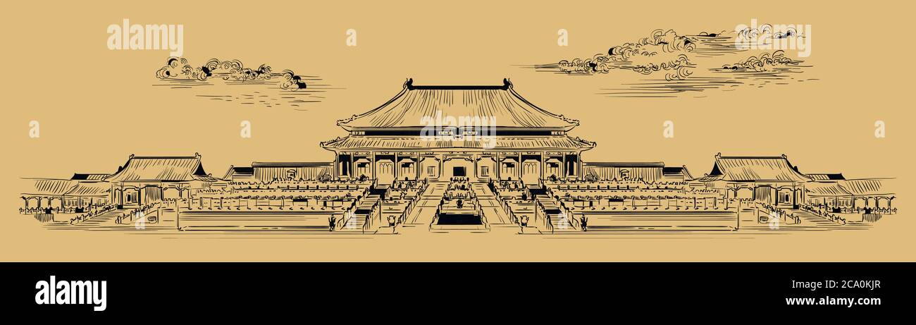 Palais complexe dans la Cité interdite dans le centre de Pékin, monument de la Chine. Illustration d'esquisse vectorielle dessinée à la main dans des couleurs monochromes isolées sur beige b. Illustration de Vecteur