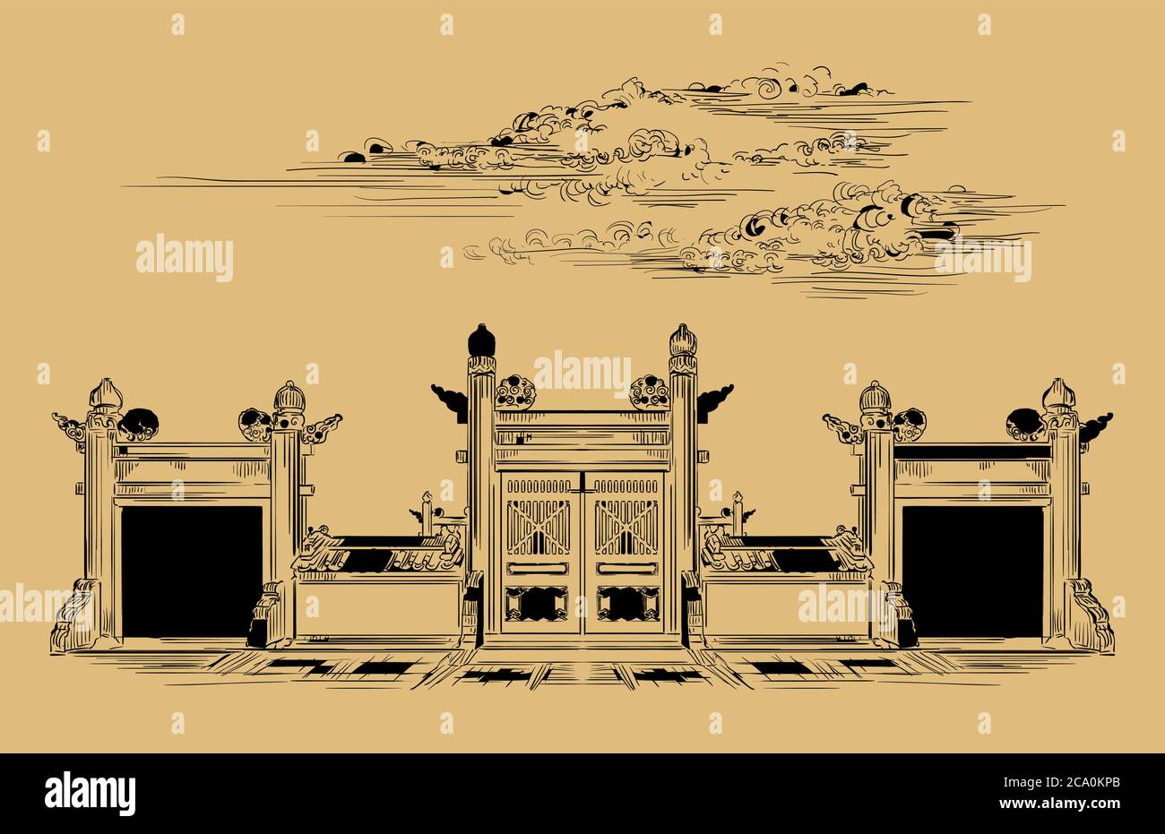 Lingxing Gates devant le Temple du ciel à Pékin, point de repère de la Chine. Illustration d'esquisse vectorielle dessinée à la main dans des couleurs monochromes isolées sur Illustration de Vecteur