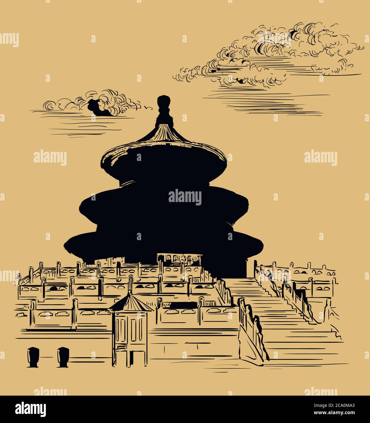 Illustration vectorielle.Temple du ciel à Beijing, point de repère de la Chine. Illustration d'esquisse vectorielle dessinée à la main, de couleur noire, isolée sur fond beige. Illustration de Vecteur