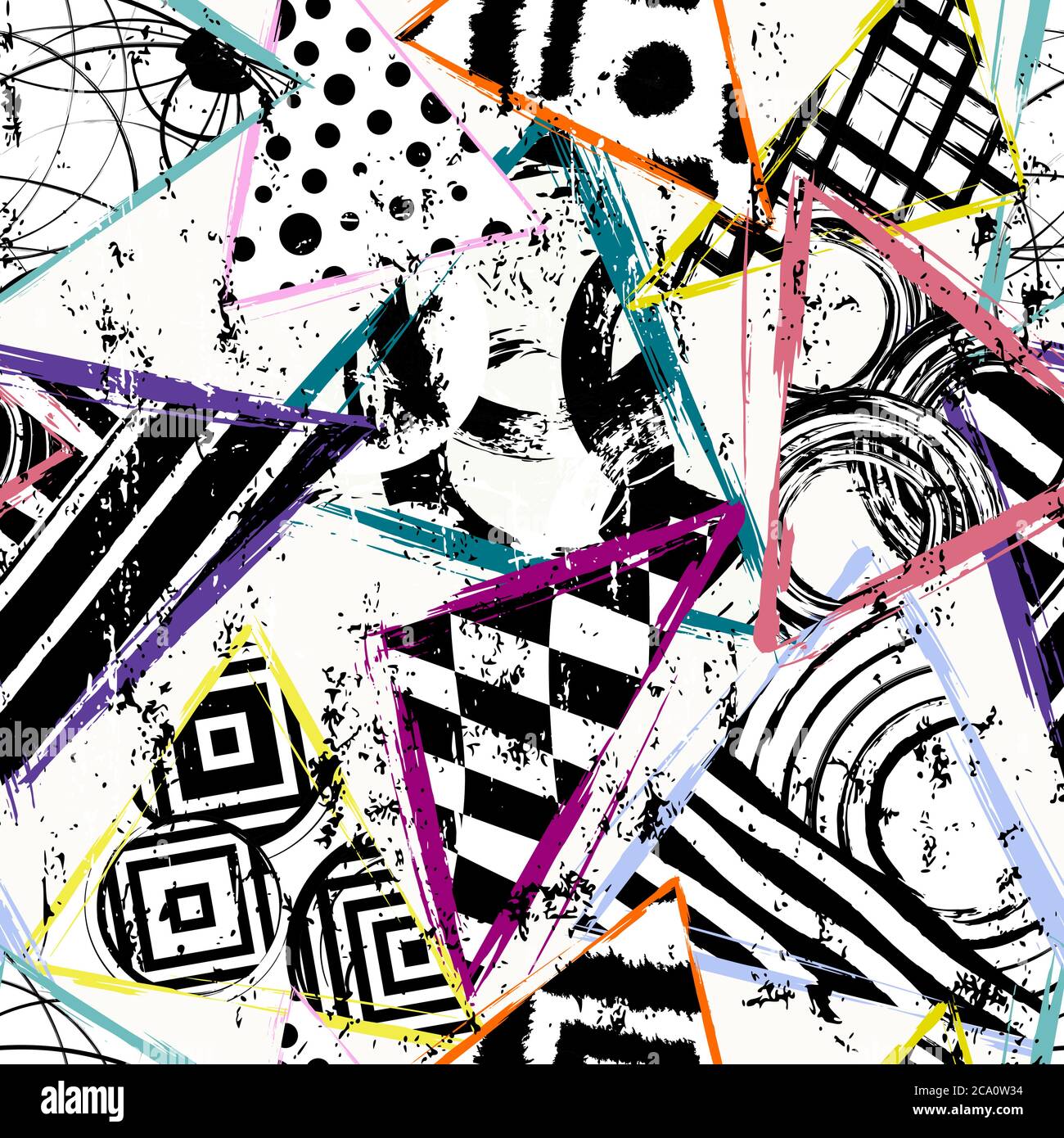 motif d'arrière-plan sans couture, avec triangles, cercles, traits de peinture et éclaboussures, noir et blanc Illustration de Vecteur