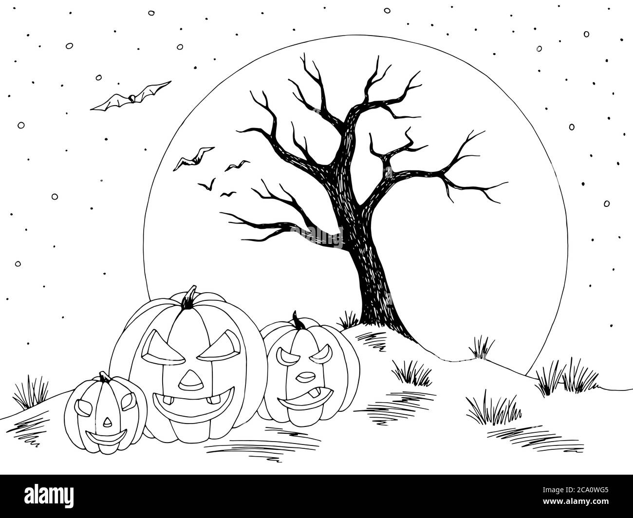 Halloween paysage graphique noir blanc arbre mort esquisse illustration vecteur Illustration de Vecteur