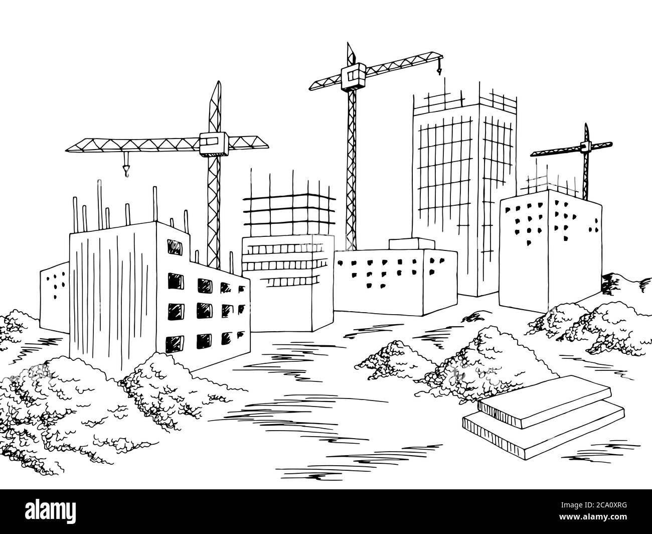 Construction ville bâtiment extérieur graphique noir blanc paysage urbain croquis illustration vecteur Illustration de Vecteur