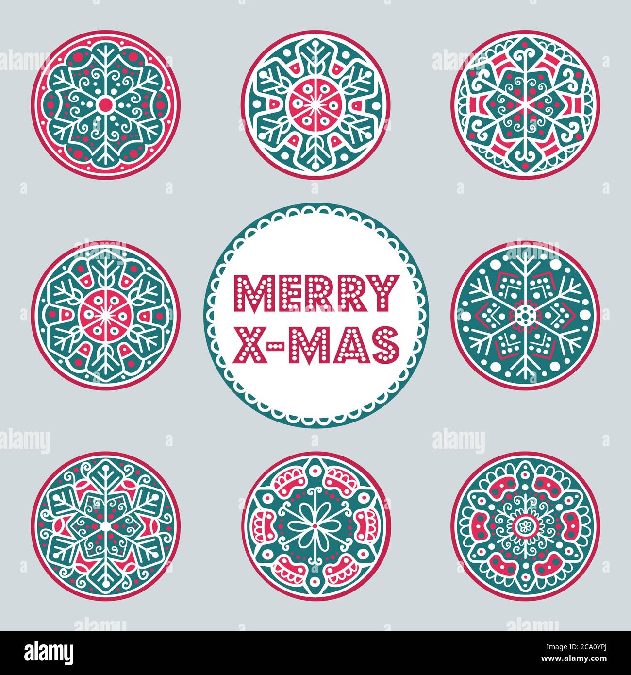 Ensemble de décorations de Noël à motif flocons de neige dessinées à la main. Collection de huit ronds de flocons de neige. Illustration vectorielle Illustration de Vecteur