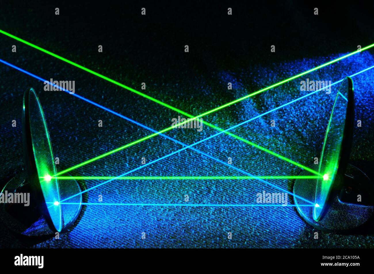 Faisceaux laser verts et bleus reflétant les miroirs en lignes parallèles.  Laser, science, lumière, faisceau visible, collimaté, concentré, coloré  Photo Stock - Alamy