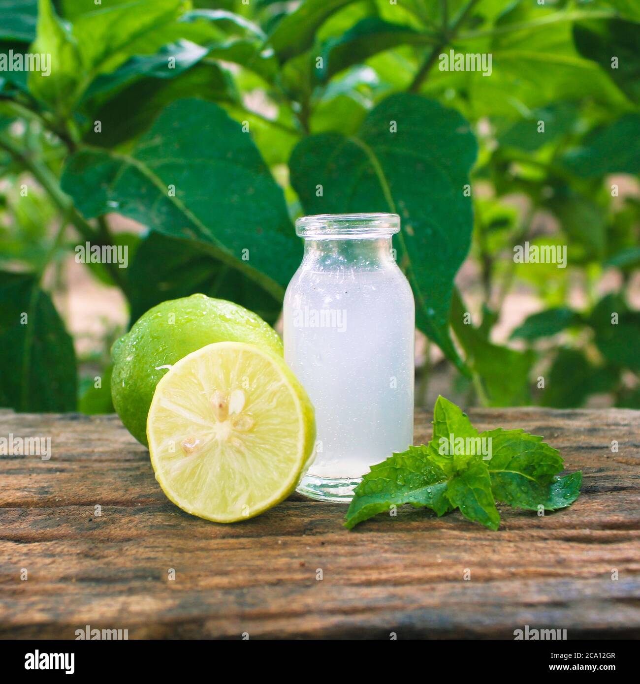 Demi-citron coupé et un petit pot en verre rempli de jus de citron sur une table en bois Banque D'Images