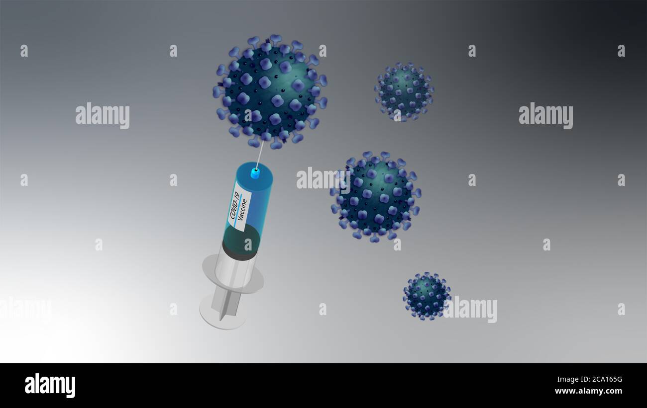 Illustration du concept de vaccin pour les soins de santé. Seringue de vaccin avec aiguille. Covid 19, vaccin coronavirus bleu illustration 3D. Banque D'Images