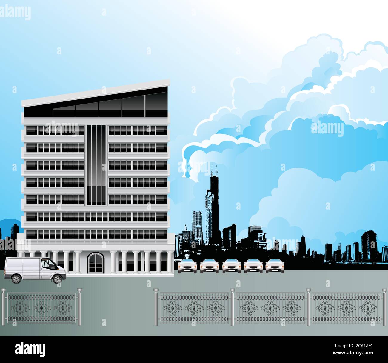 Immeuble de bureaux moderne avec gratte-ciel de ville en silhouettes génériques, situé dans un ciel bleu nuageux Illustration de Vecteur