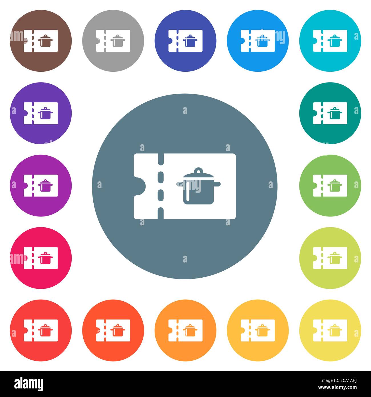 bon de réduction pour l'équipement de cuisine icônes blanches plates sur fond rond. 17 couleurs d'arrière-plan sont incluses. Illustration de Vecteur