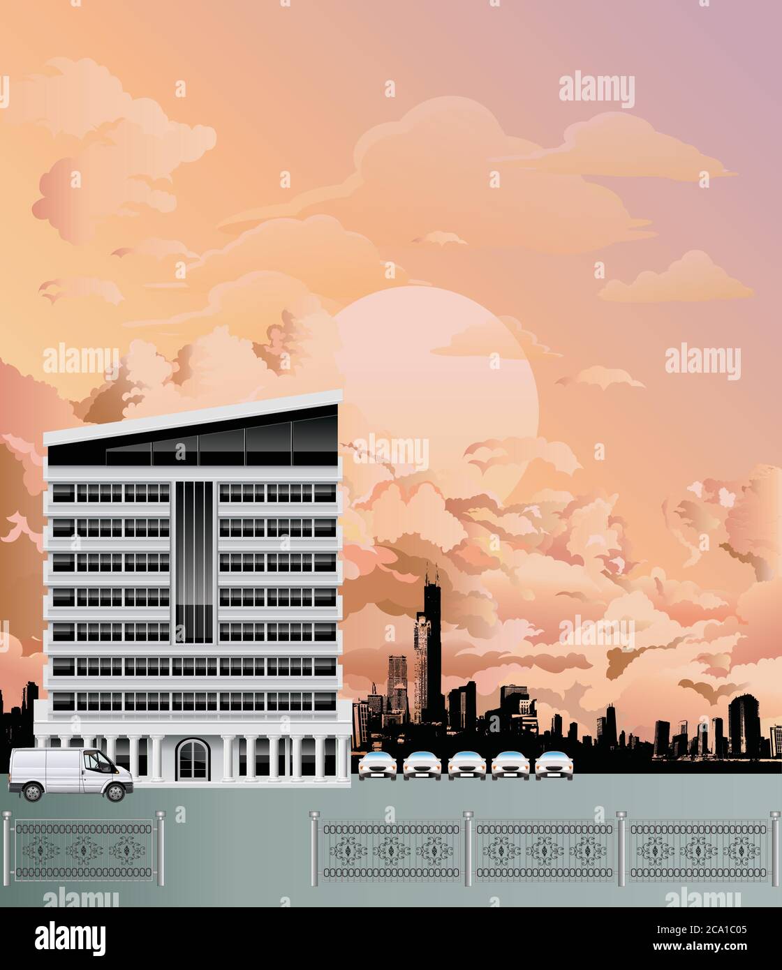 Immeuble de bureaux moderne avec gratte-ciel de ville en silhouettes génériques, situé contre un ciel de l'aube ou de la tombée de la nuit Illustration de Vecteur