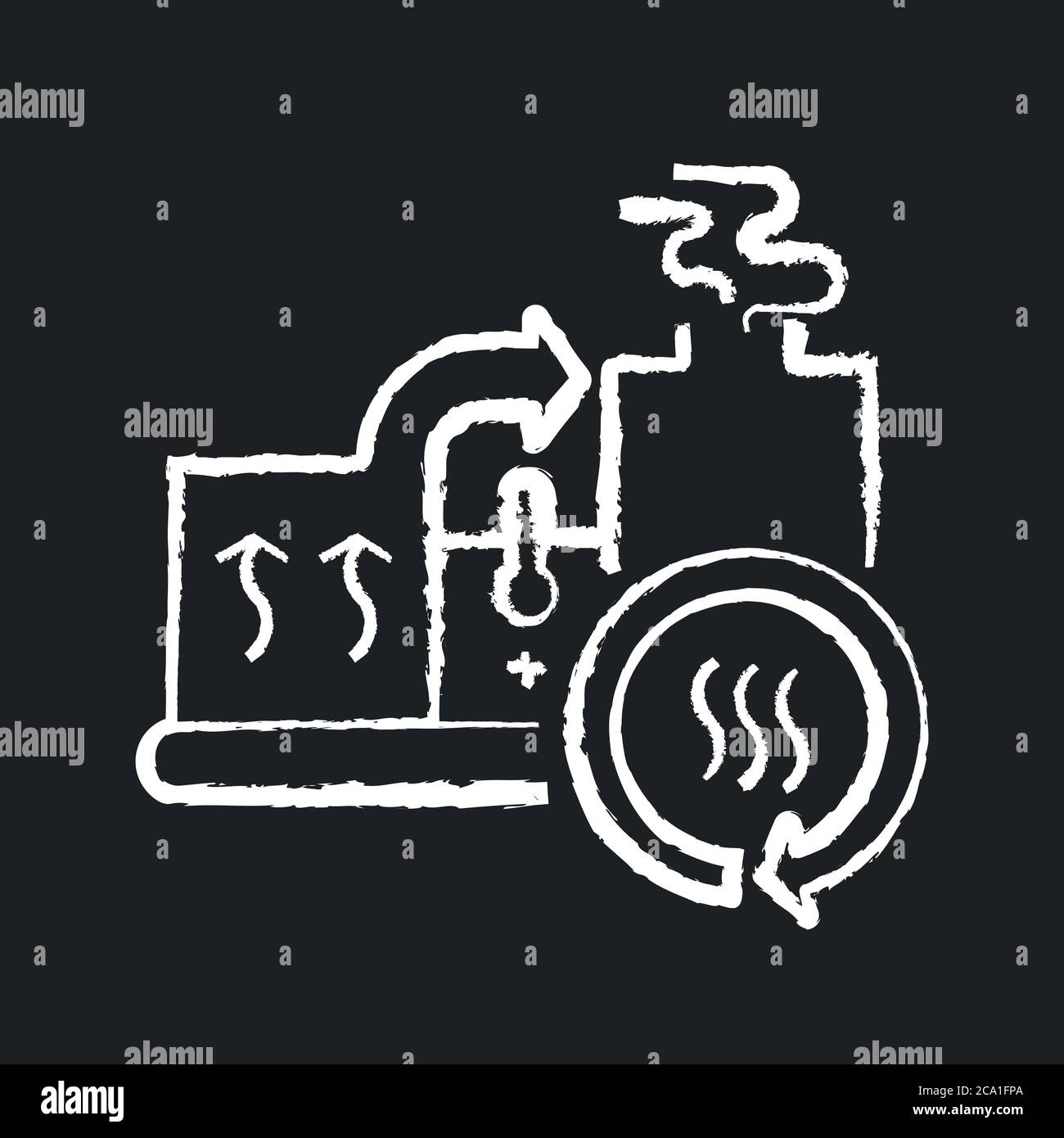 Icône blanche craie du système de récupération de chaleur sur fond noir. Industrie de l'énergie durable, cogénération. Production d'énergie sans gaspillage. EQU industriel Illustration de Vecteur