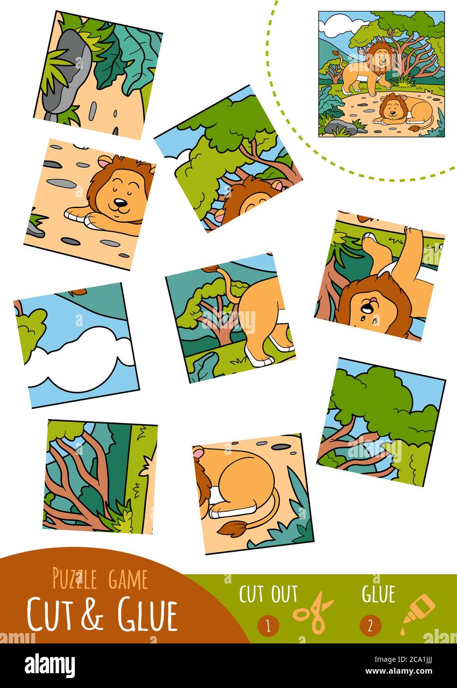 Jeu de puzzle éducatif pour enfants, Lion. Utilisez des ciseaux et de la colle pour créer l'image. Illustration de Vecteur