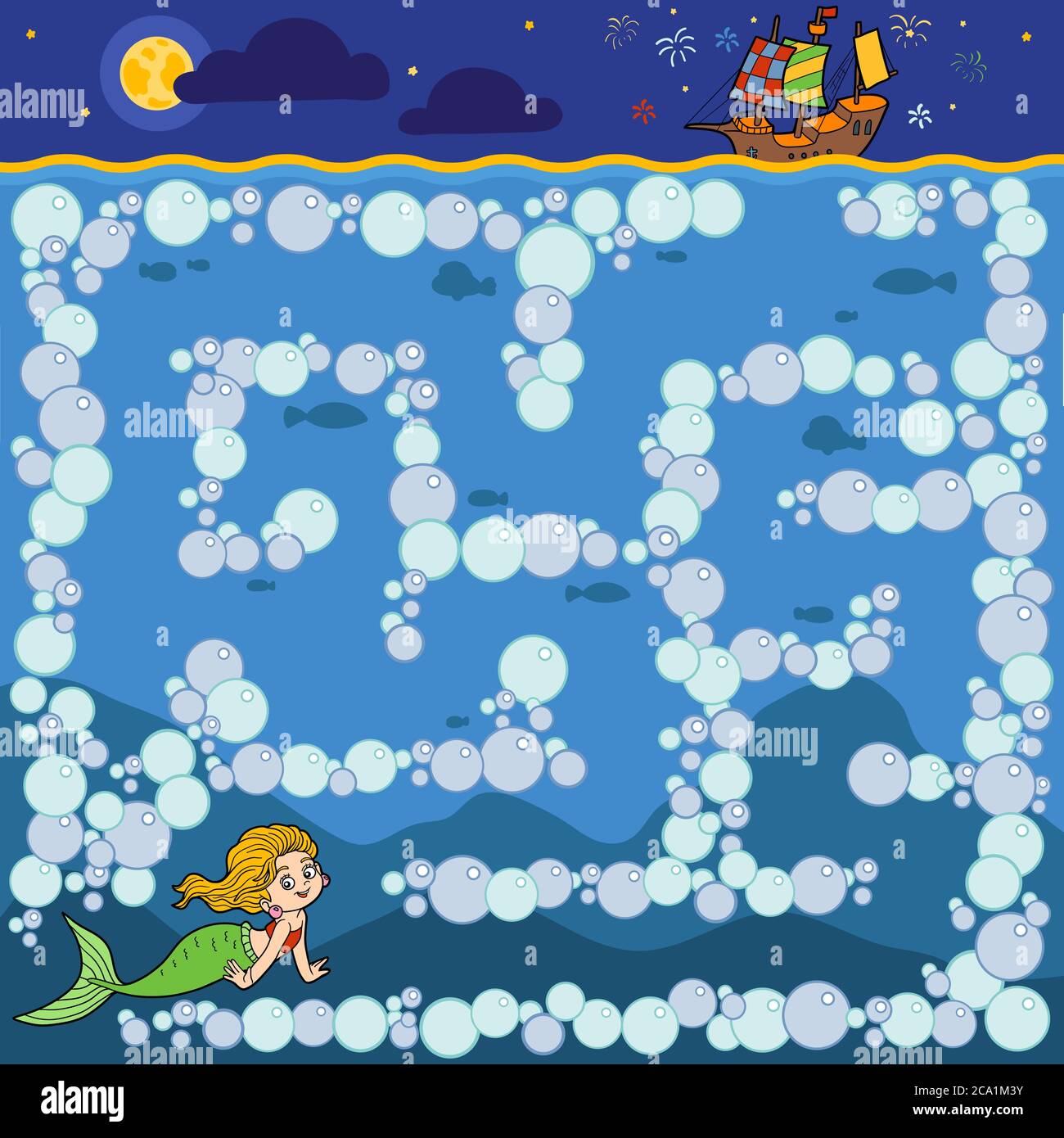 Jeu d'éducation de labyrinthe pour les enfants. Petite sirène et le navire du prince Illustration de Vecteur