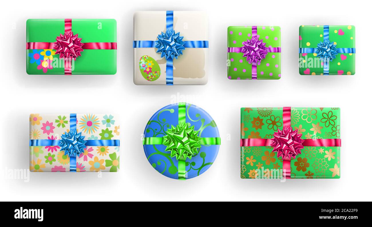 Ensemble de superbes boîtes-cadeaux réalistes avec arcs abd ombres sur fond blanc Illustration de Vecteur
