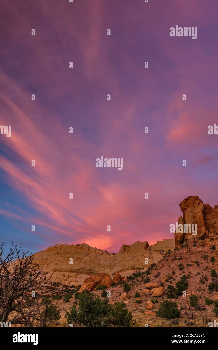 Le coucher du soleil, Muley Twist Canyon, Capitol Reef National Park, Utah Banque D'Images