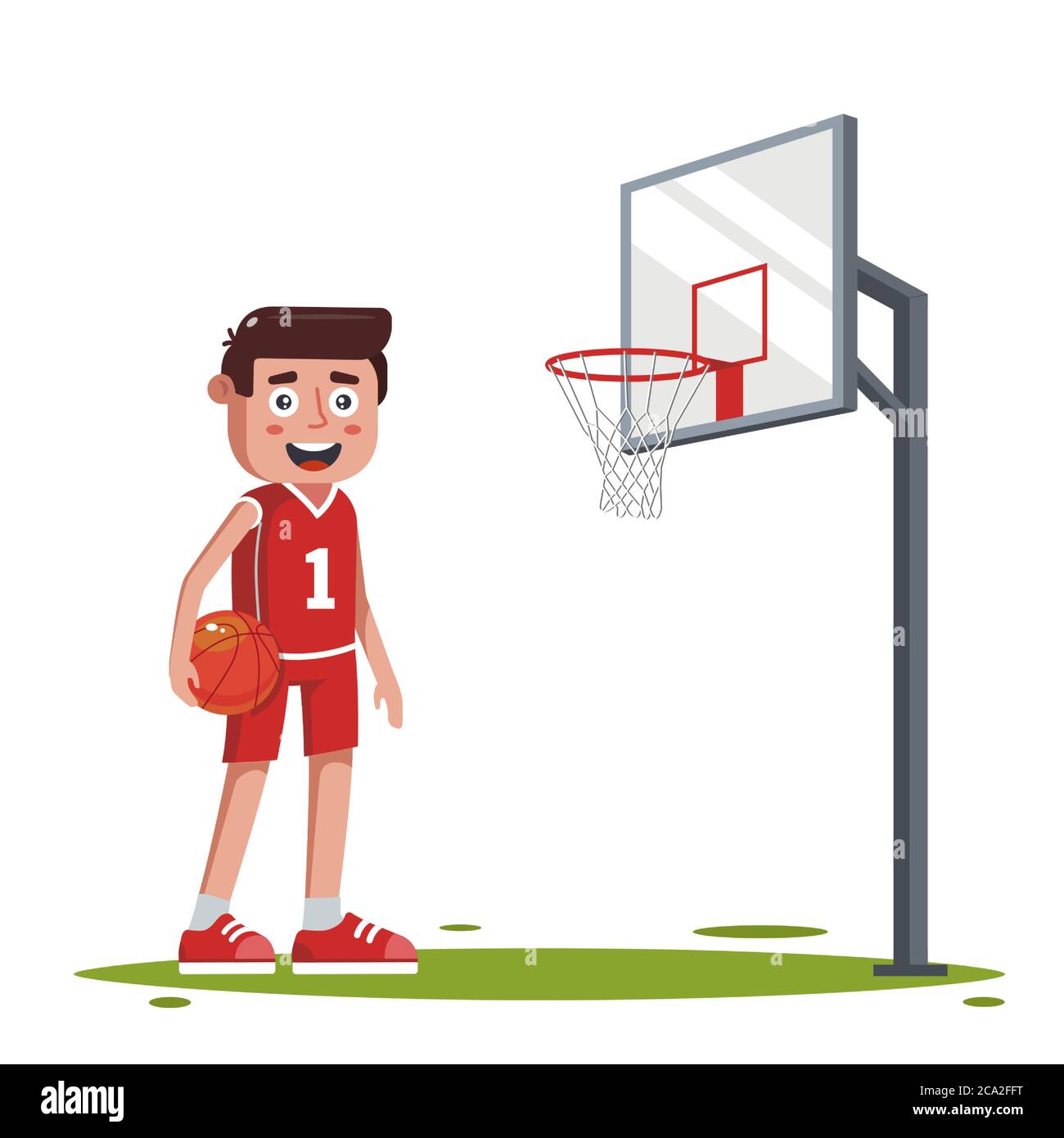 personnage un joueur de basket-ball sur le terrain avec un panier de basket-ball. marquer un but. illustration vectorielle plate. Illustration de Vecteur