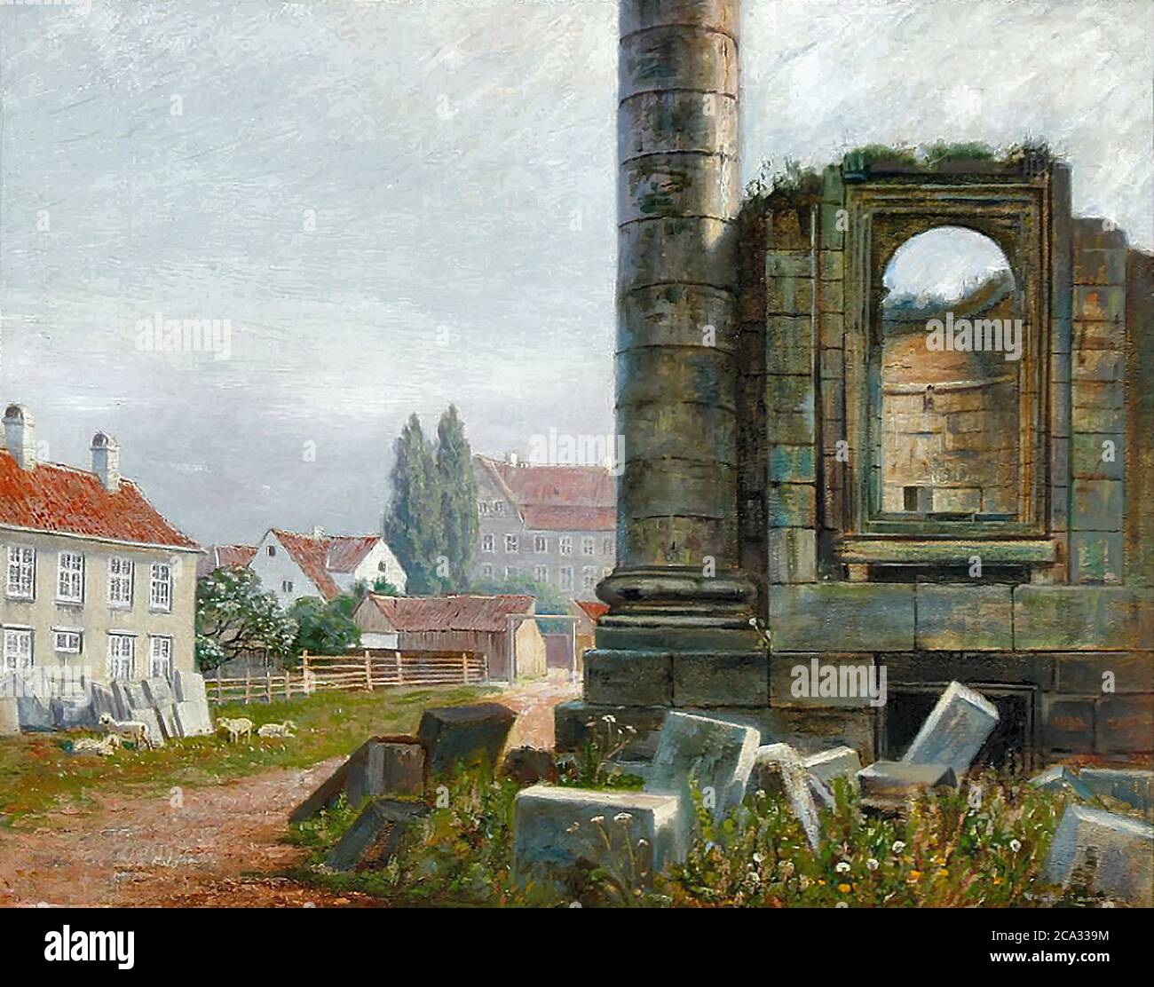 Langer OLAF Viggo Peter - un paysage de rue danois de Copenhague avec ruines de la cathédrale de marbre - Ecole danoise - 19ème et début du 20ème siècle Banque D'Images
