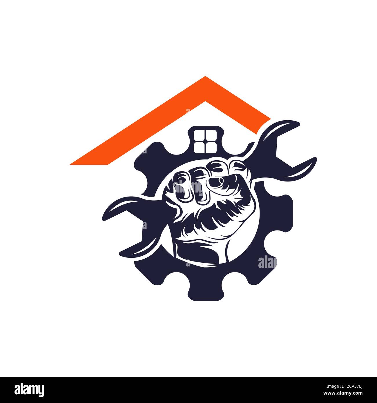 Logo de conception de la maison et de la construction avec une nade clé à l'intérieur d'un engrenage pour menuisiers, électriciens et autres services connexes de réparation et de rénovation Illustration de Vecteur