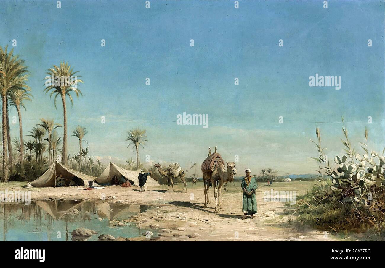 Monsted Peder Mork - campement bédouin par l'Oasis - Ecole danoise - 19ème et début du 20ème siècle Banque D'Images