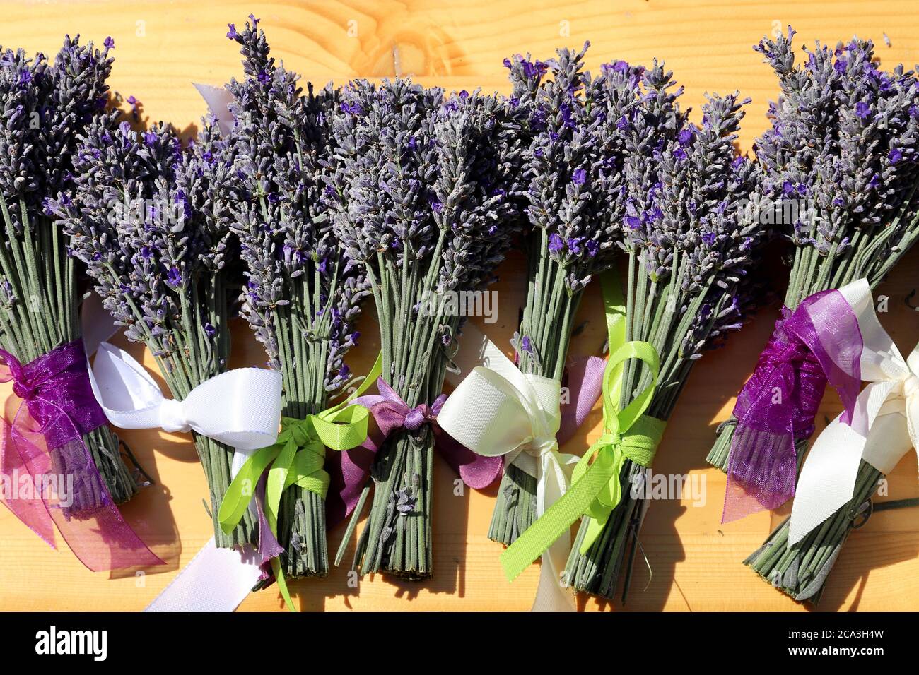 Bouquet de lavande avec ruban violet. Bouquet de fleurs de lavande fraîches  sur une ancienne table rustique en bois. Fleur de plantes pourpres.  Aromathe de lavande Photo Stock - Alamy