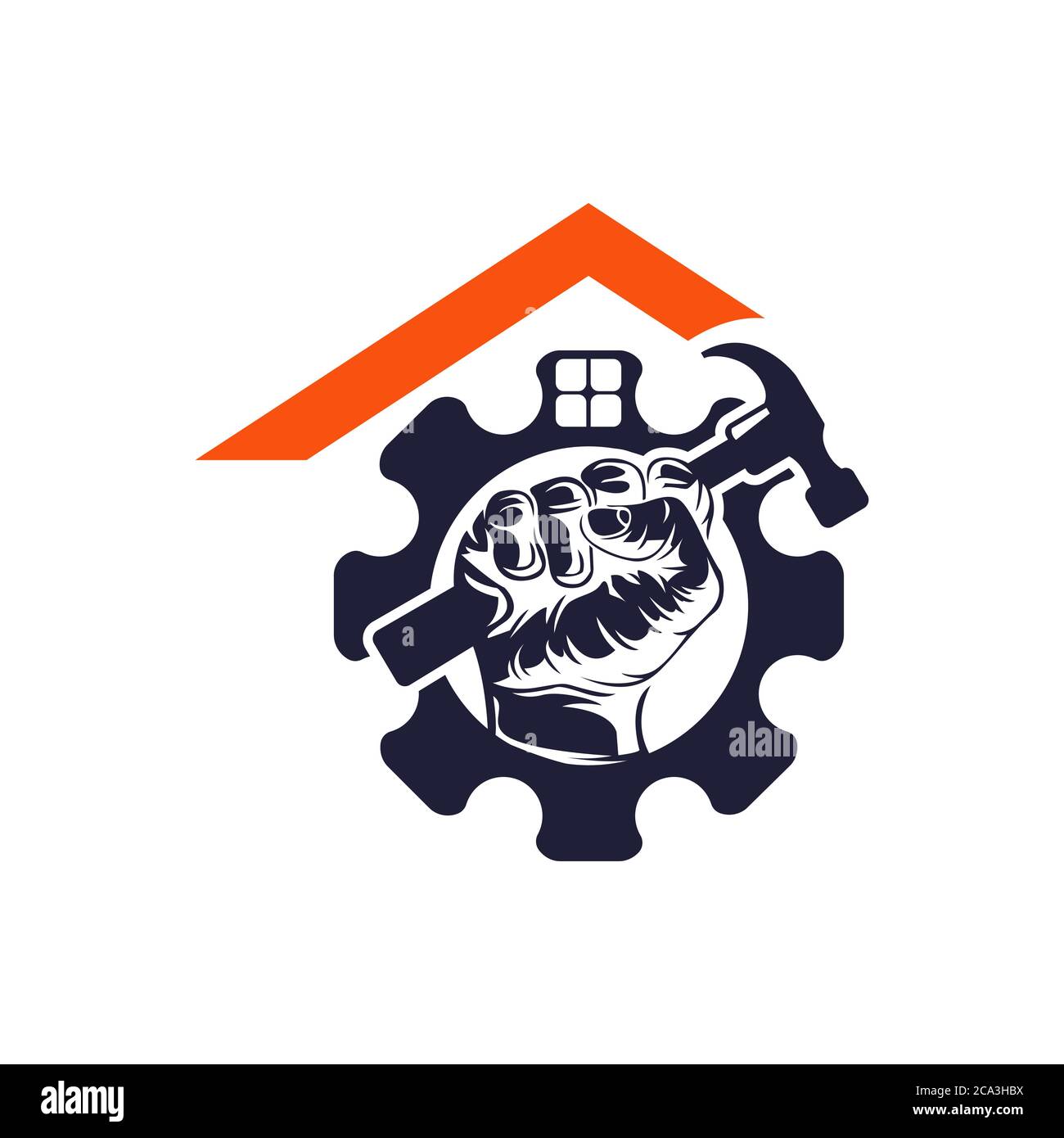 Logo de conception de la maison et de la construction avec une nade de marteau à l'intérieur d'un engrenage pour les charpentiers, les électriciens et autres services de réparation et de rénovation connexes Illustration de Vecteur