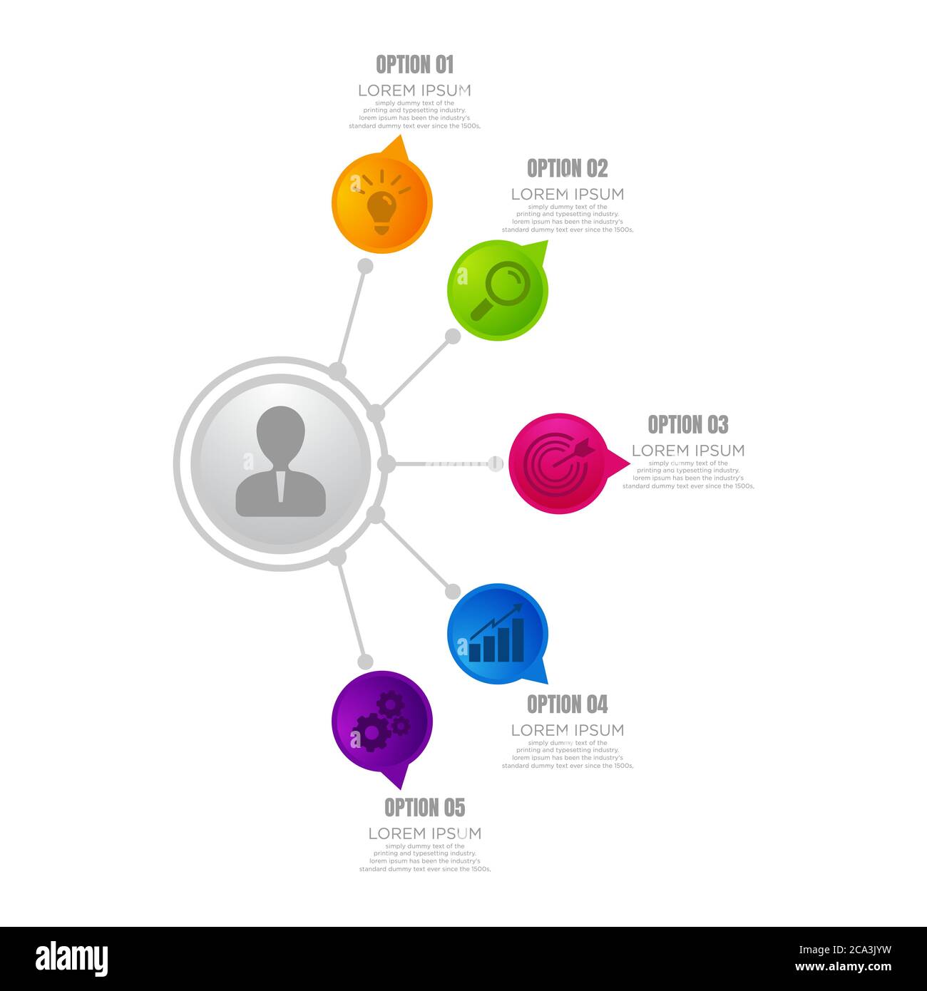 Modèle de diapositive de l'organigramme en cinq étapes. Données d'entreprise. Flux, diagramme, conception. Concept créatif pour l'infographie, la présentation. Peut être utilisé pour les rubriques Illustration de Vecteur