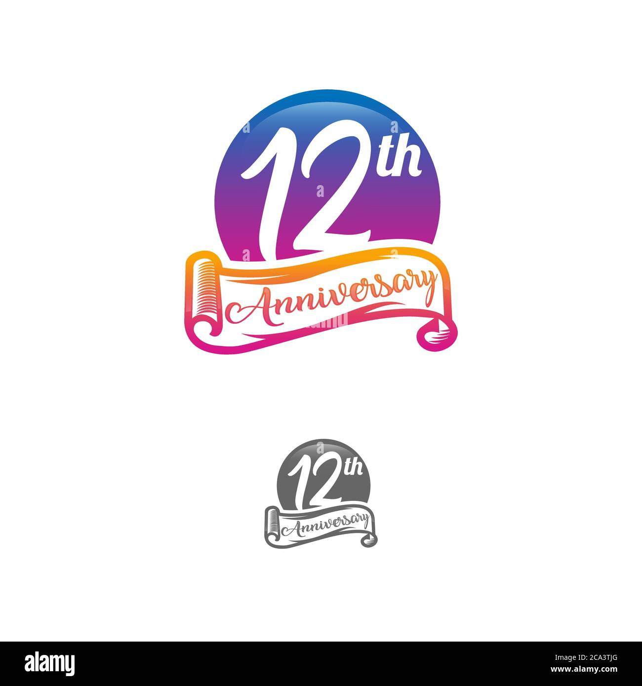 modèle de logo d'anniversaire de 12 ans isolé sur un timbre blanc, noir et blanc étiquette icône du 12e anniversaire avec ruban Illustration de Vecteur