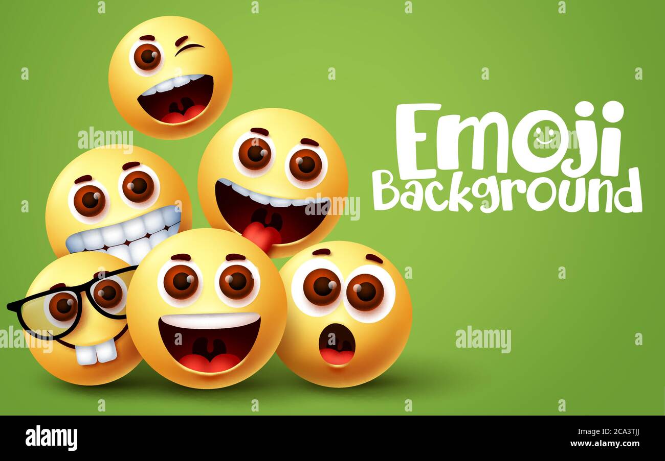 Emoji sourire drôle de dessin vectoriel d'arrière-plan. Émotiji smiley d'expressions faciales amusantes et heureuses avec espace vert pour le texte et émoticônes jaunes amusantes. Illustration de Vecteur