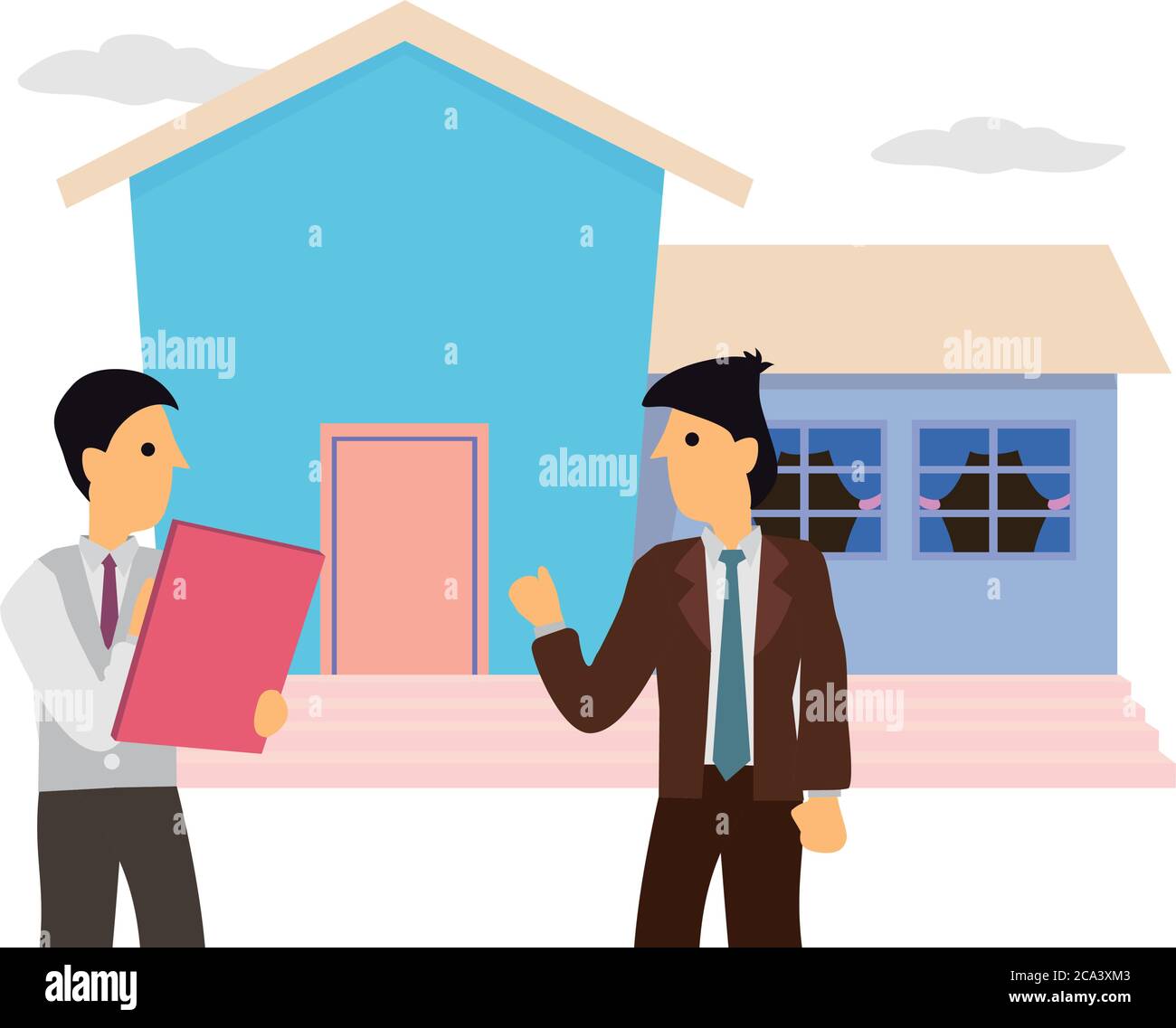 Agent immobilier montrant une nouvelle maison à l'homme adulte. Illustration vectorielle de dessin animé plate isolée sur un fond blanc. Illustration de Vecteur