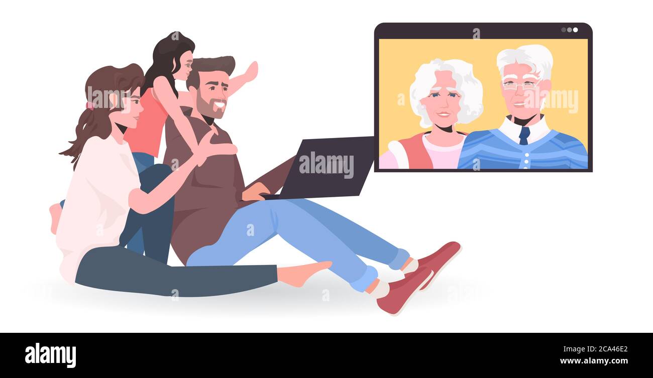 jeune famille ayant une réunion virtuelle avec les grands-parents pendant un appel vidéo chat en ligne conférence communication concept pleine longueur horizontale vecteur illustration Illustration de Vecteur