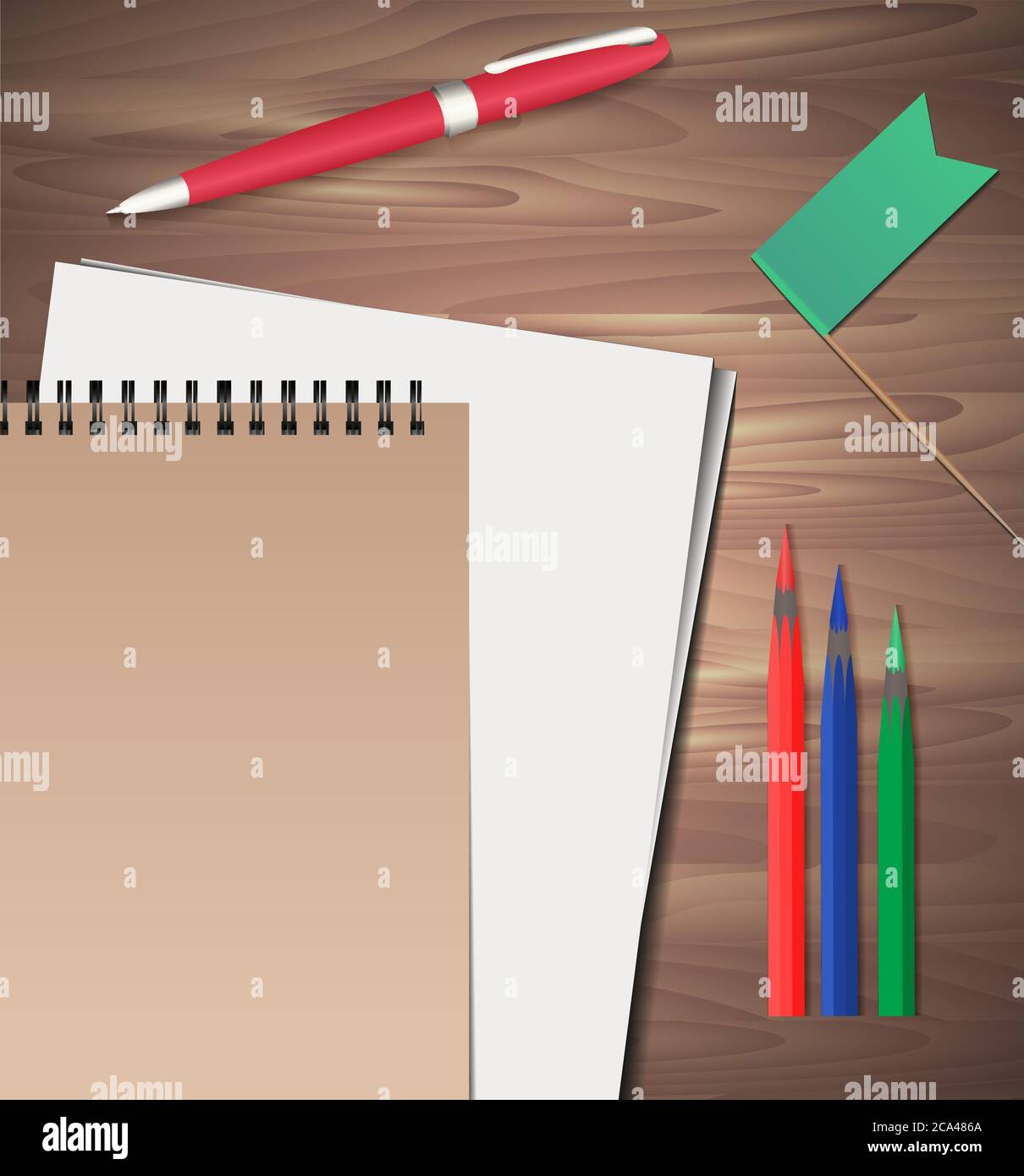 Ensemble de papeterie sur fond en bois. Des éléments vectoriels séparés de l'arrière-plan à votre présentation, vos projets de conception et votre créativité Illustration de Vecteur