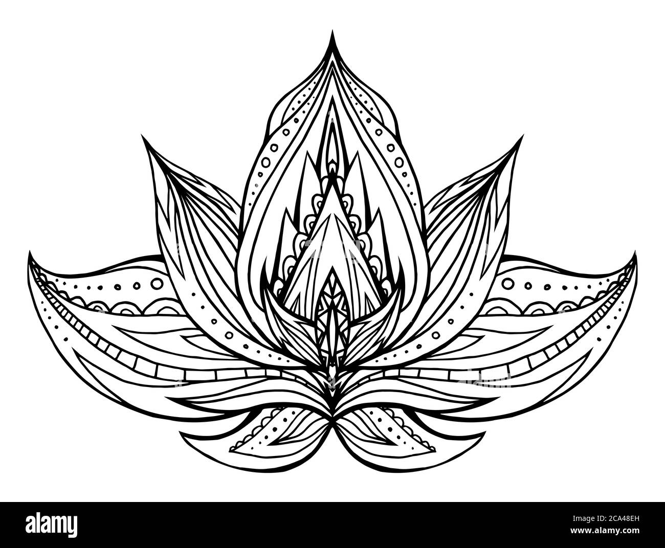 Contour Lotus avec motif boho. Vector Element pour les centres de spa, les studios de yoga. Dessiné à la main. Éléments Doodle pour votre conception. Coloriage pour adultes Illustration de Vecteur