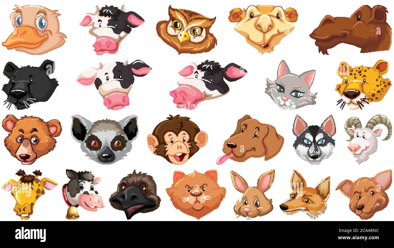 Ensemble de différents animaux de dessin animé mignon tête énorme isolé sur fond blanc illustration Illustration de Vecteur
