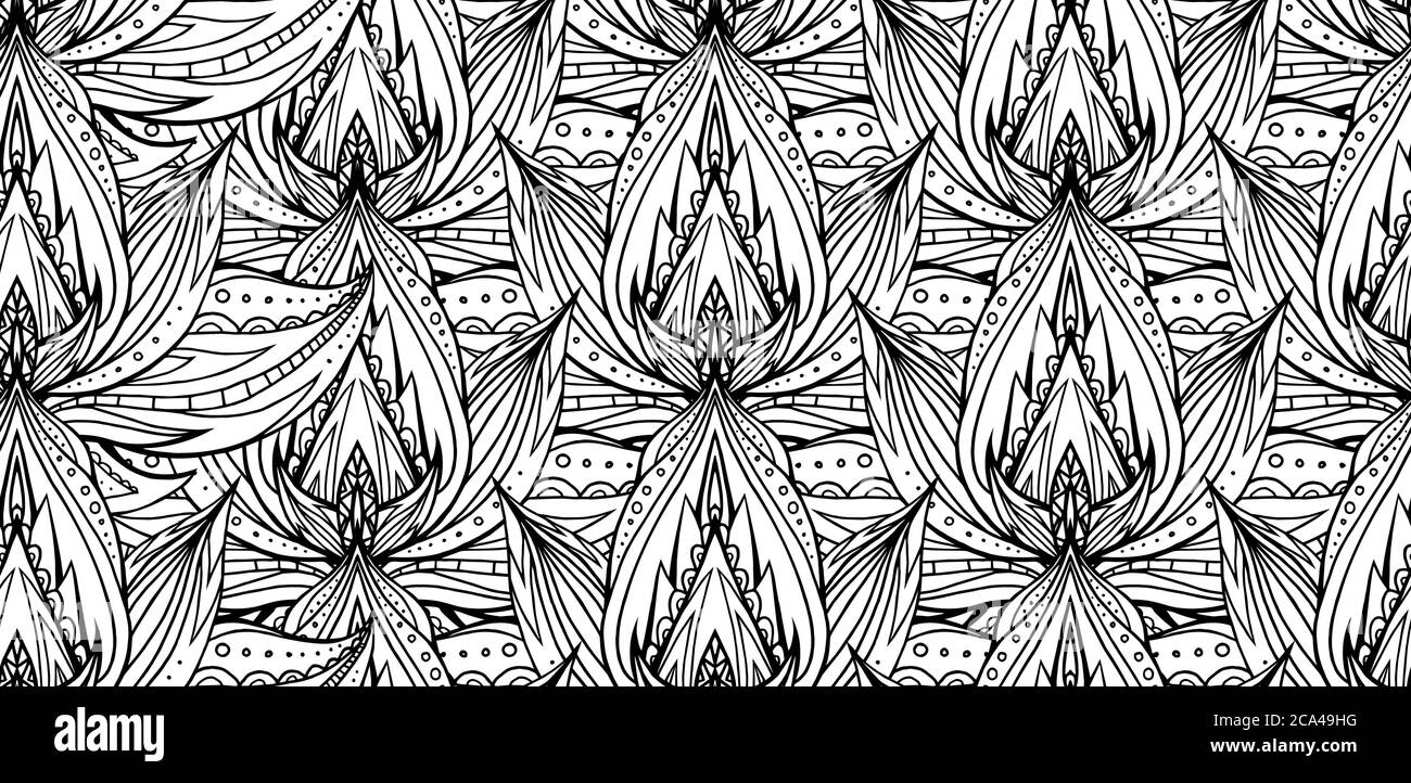 Motif noir et blanc sans couture avec motif Lotus et boho. Vector Element pour les centres de spa, les studios de yoga. Dessiné à la main. Des éléments doodle pour votre desi Illustration de Vecteur