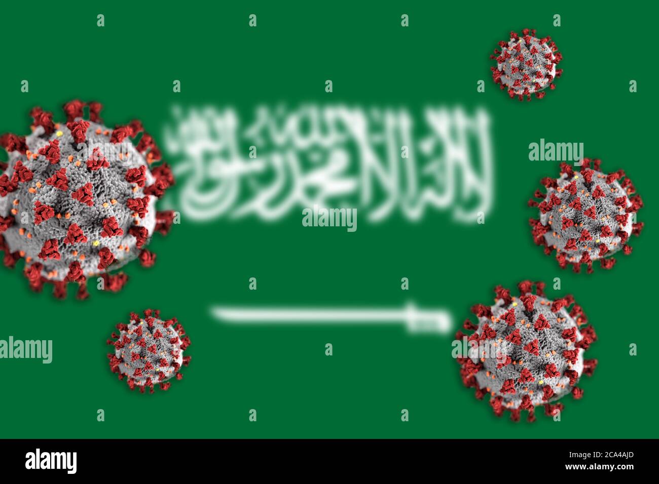 Concept de coronavirus ou de particules Covid-19 qui éclipsent le drapeau flou de l'Arabie saoudite en arrière-plan. Banque D'Images