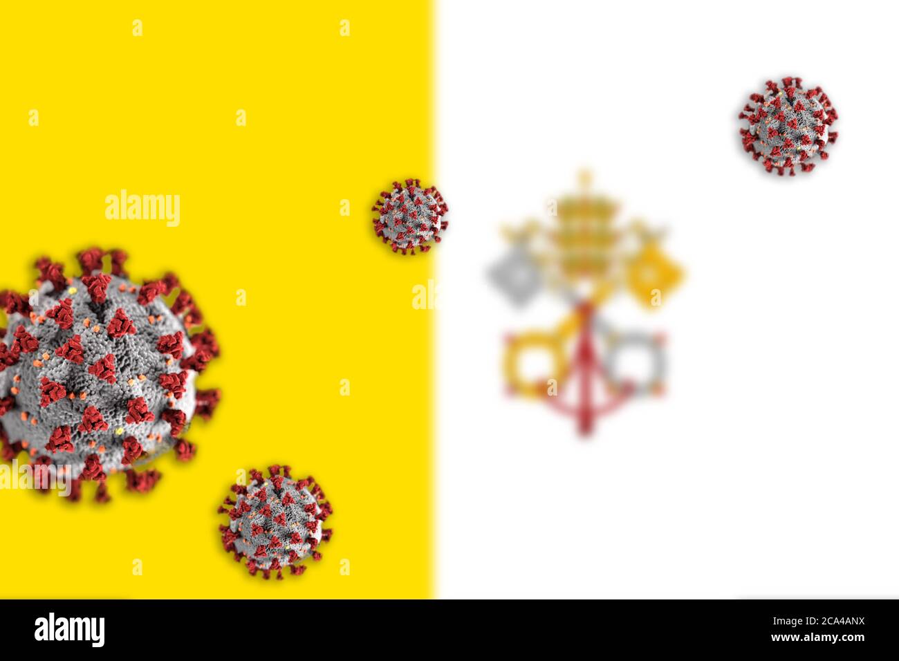 Concept de coronavirus ou de particules Covid-19 qui éclipsent le drapeau flou du Vatican en arrière-plan. Banque D'Images