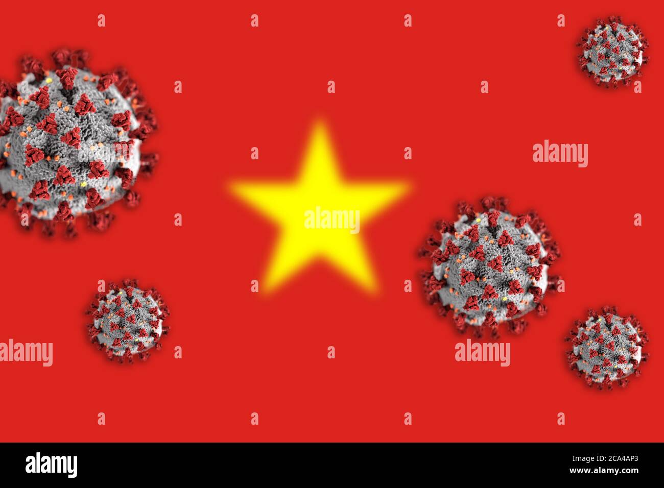 Concept de coronavirus ou de particules Covid-19 qui éclipsent le drapeau flou du Vietnam en arrière-plan. Banque D'Images