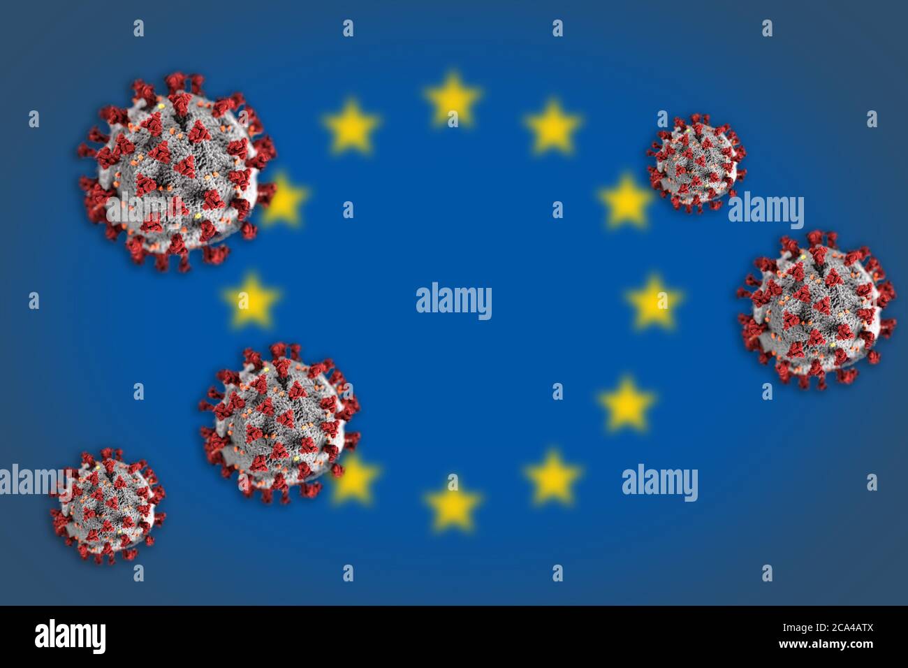 Concept de coronavirus ou de particules Covid-19 qui éclipsent le drapeau flou de l'Europe en arrière-plan. Banque D'Images